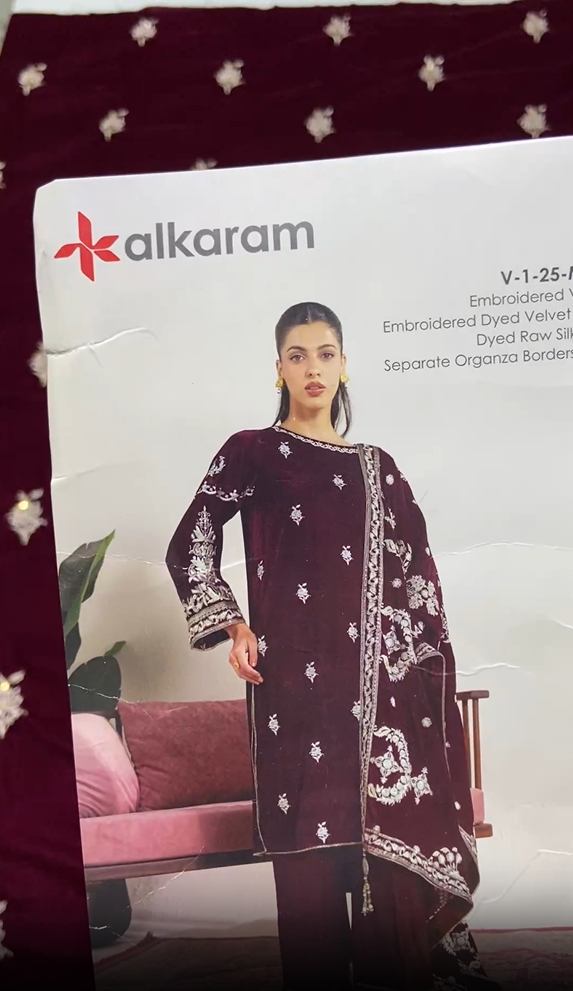 Alkaram Velvet 3pc Luxury (maroon)